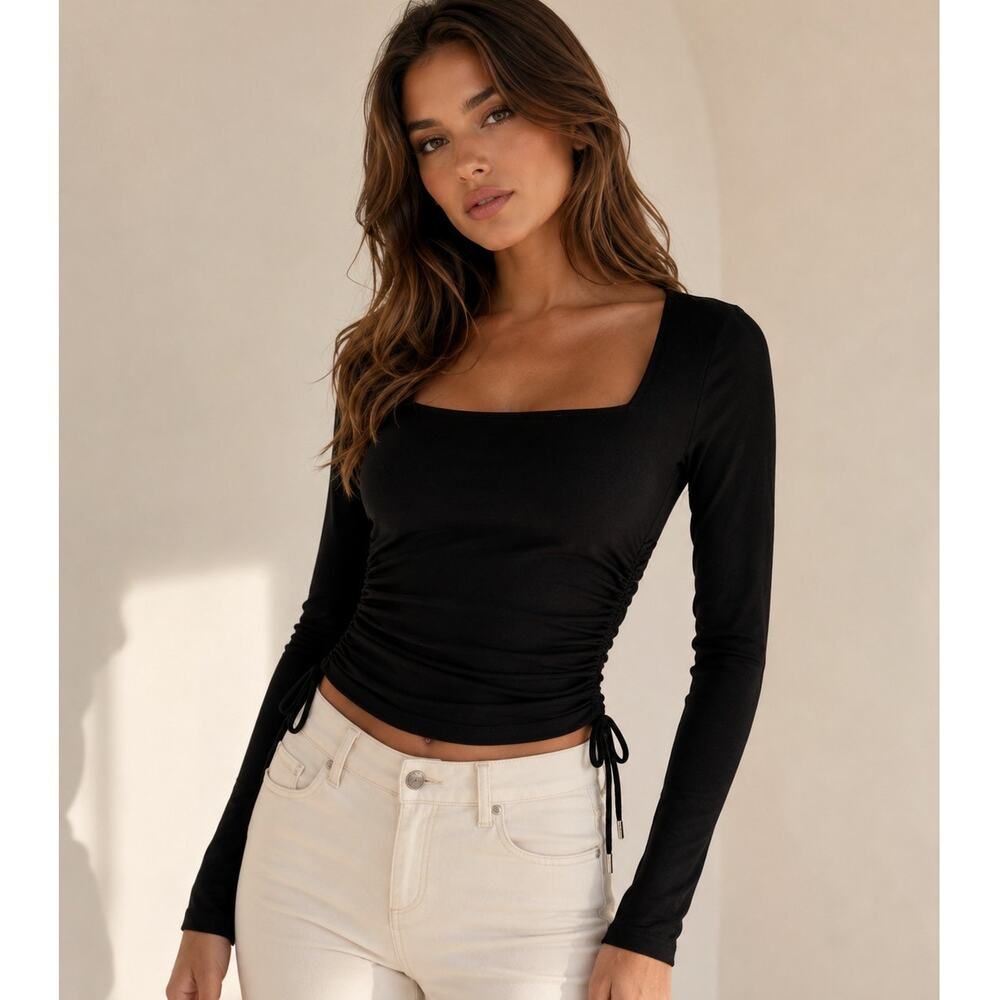 MICHAEL Michael Kors Black Long Sleeve Ruched Side Stretch Top Size Small NEW